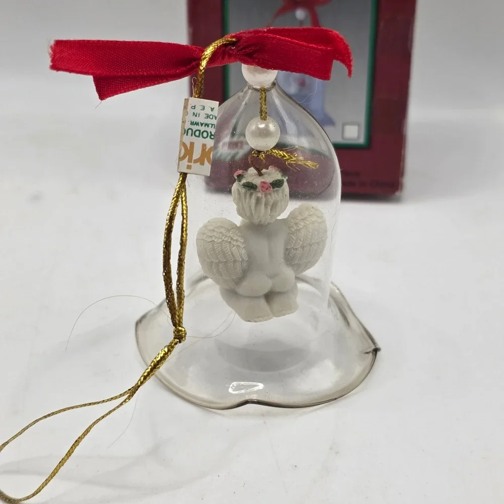 Price Angel Bell Ornament Clear Glass White Cherub 1996 Holiday Vintage 7361 Red